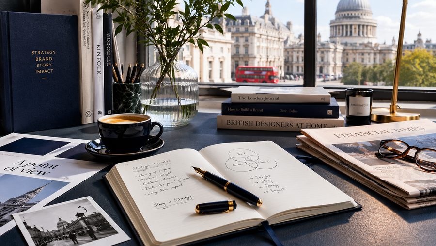 Notebooks, publications and planning materials on a London desk