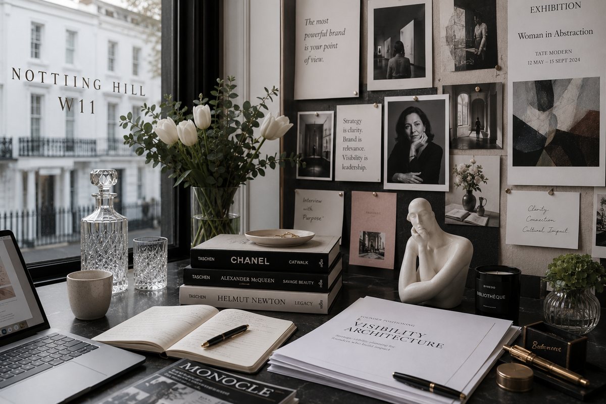 A founder positioning document and visibility architecture plan on a Notting Hill desk